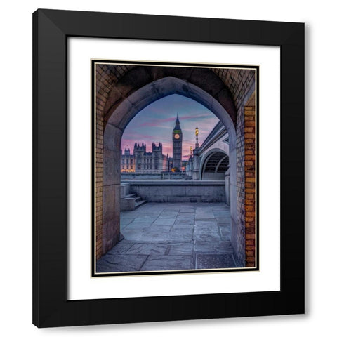 View of Westminster Abby and Big Ben from Thames promenade arch, London, UK Black Modern Wood Framed Art Print with Double Matting by Frank, Assaf