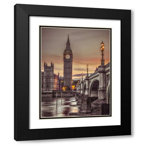 Westminster bridge and Big Ben from Thames promenade, London, UK, FTBR-1826 Black Modern Wood Framed Art Print with Double Matting by Frank, Assaf