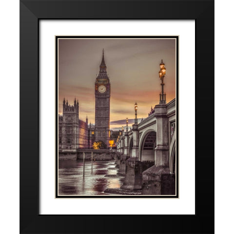 Westminster bridge and Big Ben from Thames promenade, London, UK, FTBR-1826 Black Modern Wood Framed Art Print with Double Matting by Frank, Assaf