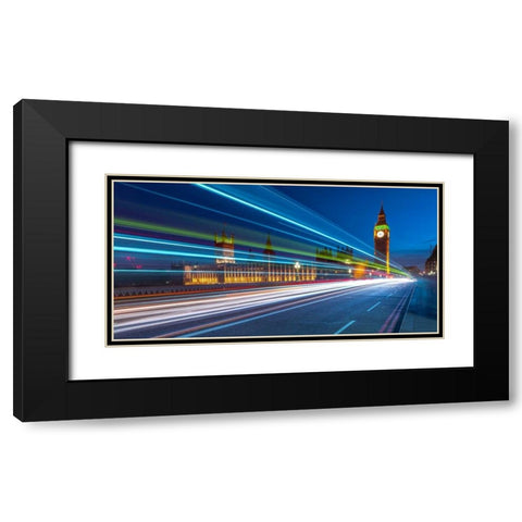 Westminster Abby and Big Ben with strip lights, London, UK Black Modern Wood Framed Art Print with Double Matting by Frank, Assaf