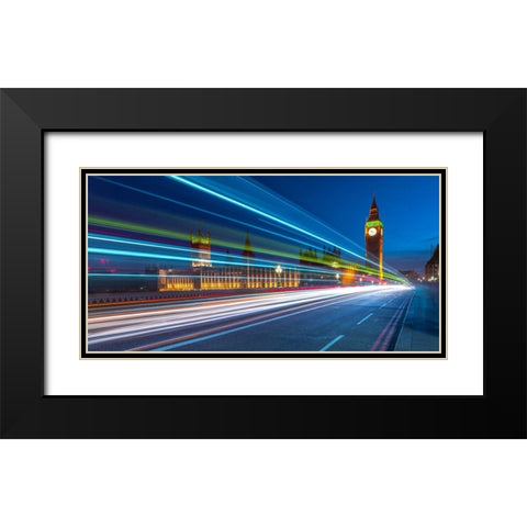 Westminster Abby and Big Ben with strip lights, London, UK Black Modern Wood Framed Art Print with Double Matting by Frank, Assaf