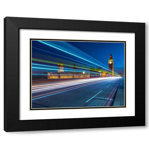 Westminster Abby and Big Ben with strip lights, London, UK Black Modern Wood Framed Art Print with Double Matting by Frank, Assaf