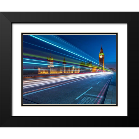 Westminster Abby and Big Ben with strip lights, London, UK Black Modern Wood Framed Art Print with Double Matting by Frank, Assaf