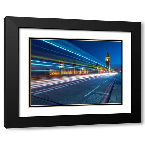 Westminster Abby and Big Ben with strip lights, London, UK Black Modern Wood Framed Art Print with Double Matting by Frank, Assaf