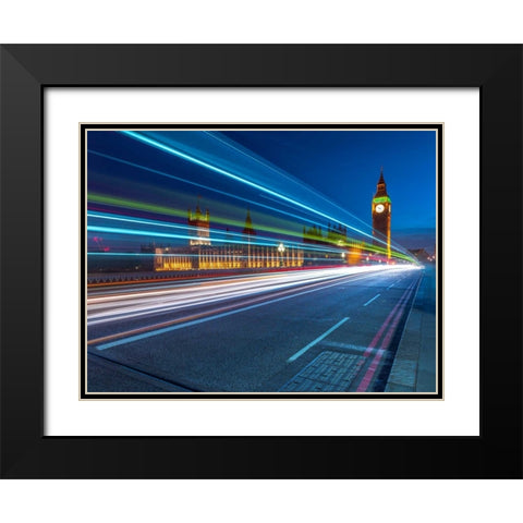 Westminster Abby and Big Ben with strip lights, London, UK Black Modern Wood Framed Art Print with Double Matting by Frank, Assaf