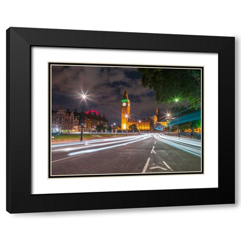 Westminster Abby and Big Ben with strip lights, London, UK Black Modern Wood Framed Art Print with Double Matting by Frank, Assaf