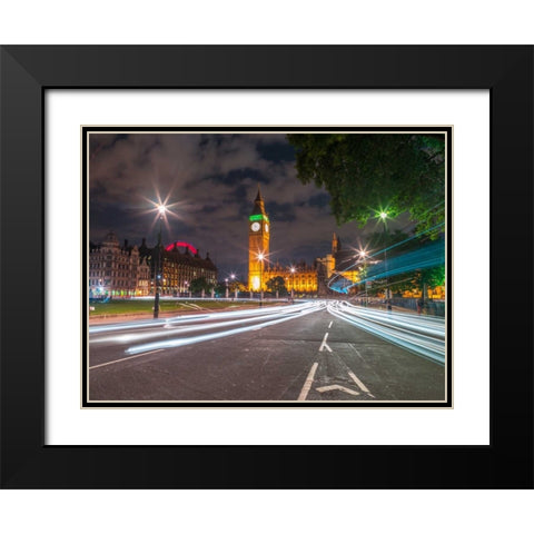 Westminster Abby and Big Ben with strip lights, London, UK Black Modern Wood Framed Art Print with Double Matting by Frank, Assaf