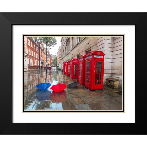 Telephone boxes with umbrellas Black Modern Wood Framed Art Print with Double Matting by Frank, Assaf