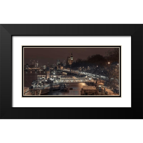 Evening view of London city, FTBR-1831 Black Modern Wood Framed Art Print with Double Matting by Frank, Assaf