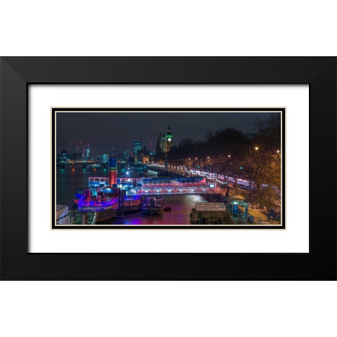 Evening view of London city Black Modern Wood Framed Art Print with Double Matting by Frank, Assaf