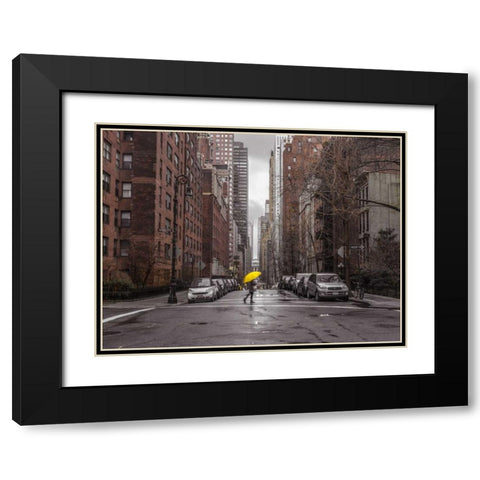 Tourist with yellow umbrella on street of Manhattan, New York Black Modern Wood Framed Art Print with Double Matting by Frank, Assaf