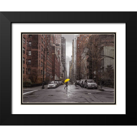 Tourist with yellow umbrella on street of Manhattan, New York Black Modern Wood Framed Art Print with Double Matting by Frank, Assaf
