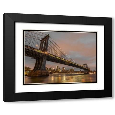 Manhattan bridge and New York city skyline Black Modern Wood Framed Art Print with Double Matting by Frank, Assaf
