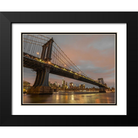 Manhattan bridge and New York city skyline Black Modern Wood Framed Art Print with Double Matting by Frank, Assaf