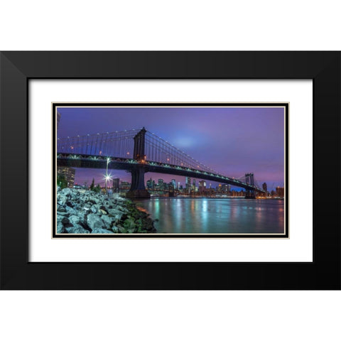 Manhattan bridge and New York city skyline, FTBR-1837 Black Modern Wood Framed Art Print with Double Matting by Frank, Assaf