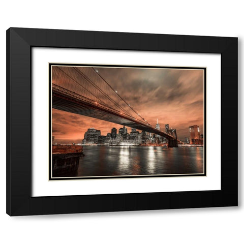 Brooklyn bridge over East river, New York Black Modern Wood Framed Art Print with Double Matting by Frank, Assaf