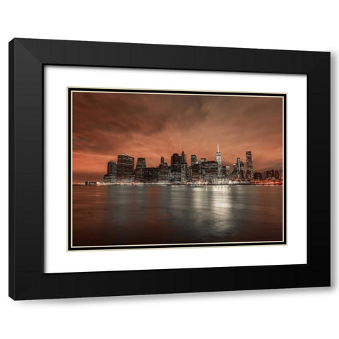 Lower Manhattan skyline in evening, New York Black Modern Wood Framed Art Print with Double Matting by Frank, Assaf