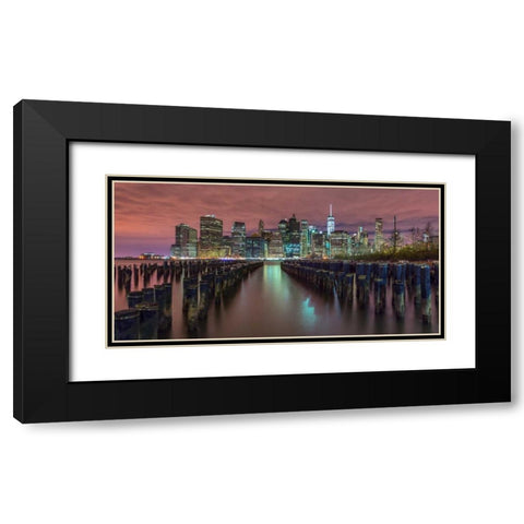 Manhattan skyline with rows of groynes in foreground, New York Black Modern Wood Framed Art Print with Double Matting by Frank, Assaf