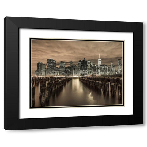 Manhattan skyline with rows of groynes in foreground, New York Black Modern Wood Framed Art Print with Double Matting by Frank, Assaf