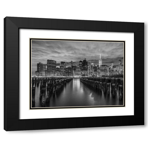 Manhattan skyline with rows of groynes in foreground, New York Black Modern Wood Framed Art Print with Double Matting by Frank, Assaf