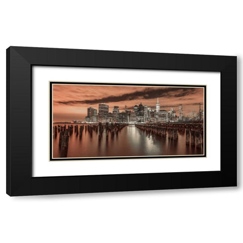 Manhattan skyline with rows of groynes in foreground, New York Black Modern Wood Framed Art Print with Double Matting by Frank, Assaf