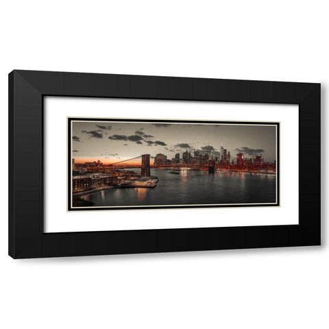 Evening view of Lower Manhattan sky-skyline with Brooklyn bridge over East river, New York, FTBR-190 Black Modern Wood Framed Art Print with Double Matting by Frank, Assaf