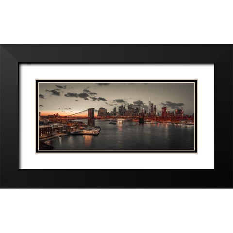 Evening view of Lower Manhattan sky-skyline with Brooklyn bridge over East river, New York, FTBR-190 Black Modern Wood Framed Art Print with Double Matting by Frank, Assaf