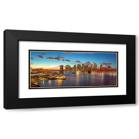 Evening view of Lower Manhattan skyline with Brooklyn bridge over East river, New York Black Modern Wood Framed Art Print with Double Matting by Frank, Assaf