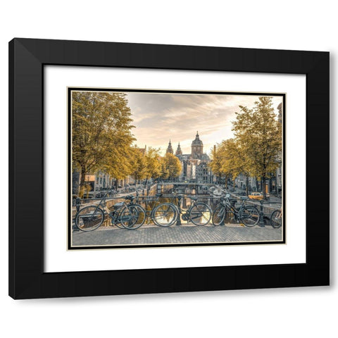 Bicycles parked along the canal-Amsterdam Black Modern Wood Framed Art Print with Double Matting by Frank, Assaf
