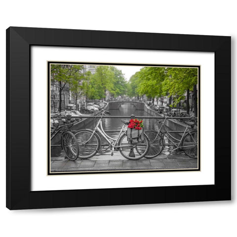 Bicycle with bunch of flowers by the canal, Amsterdam Black Modern Wood Framed Art Print with Double Matting by Frank, Assaf