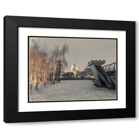 St Pauls Cathedral and Millennium Bridge in snow-London-UK Black Modern Wood Framed Art Print with Double Matting by Frank, Assaf