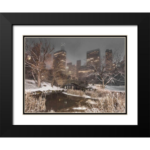 Gapstow Bridge, Central park with Manhattan skyline, New York Black Modern Wood Framed Art Print with Double Matting by Frank, Assaf