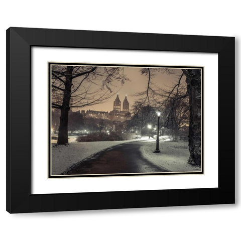 Path in cental park at night, winter, snow, New York. Black Modern Wood Framed Art Print with Double Matting by Frank, Assaf