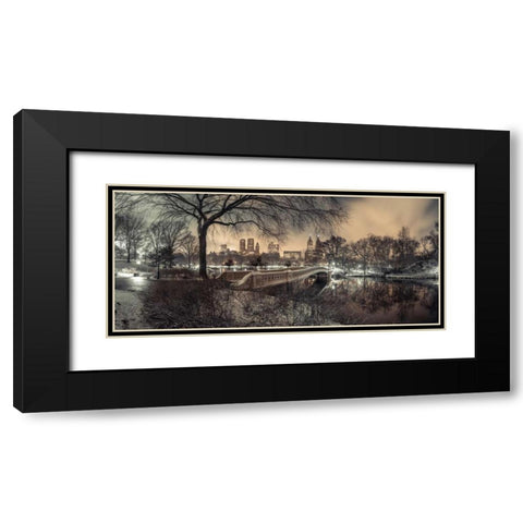 Central park Bow Bridge with Manhattan skyline, New York Black Modern Wood Framed Art Print with Double Matting by Frank, Assaf