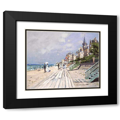 Beach at Trouville Black Modern Wood Framed Art Print with Double Matting by Monet, Claude