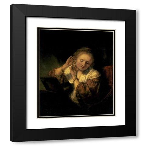 Young Woman Trying Earrings, 1654 Black Modern Wood Framed Art Print with Double Matting by Rembrandt