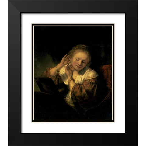 Young Woman Trying Earrings, 1654 Black Modern Wood Framed Art Print with Double Matting by Rembrandt