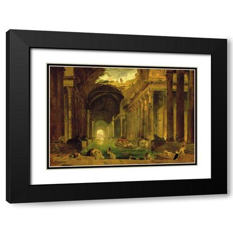 Vue Imaginaire de la Grande Galerie en Ruins Black Modern Wood Framed Art Print with Double Matting by Robert, Hubert