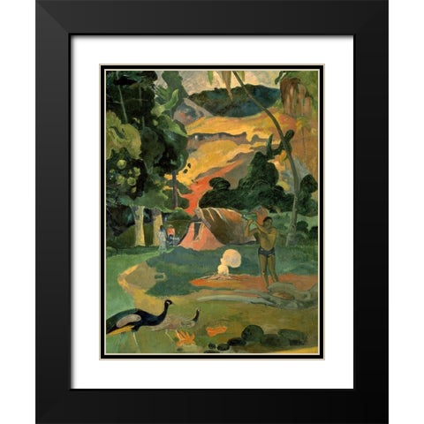 Landscape with Peacock Black Modern Wood Framed Art Print with Double Matting by Gauguin, Paul
