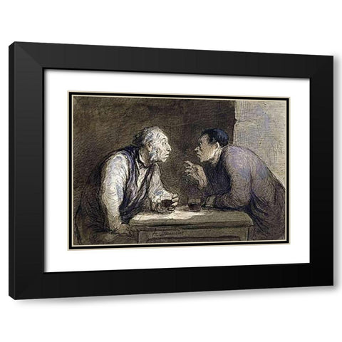 Two Drinkers Black Modern Wood Framed Art Print with Double Matting by Daumier, Honore