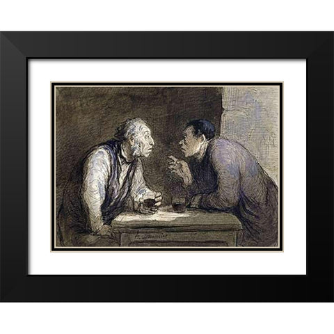 Two Drinkers Black Modern Wood Framed Art Print with Double Matting by Daumier, Honore