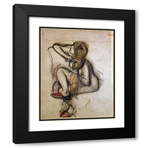 Woman Combing Her Hair Black Modern Wood Framed Art Print with Double Matting by Degas, Edgar