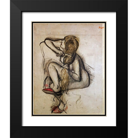 Woman Combing Her Hair Black Modern Wood Framed Art Print with Double Matting by Degas, Edgar