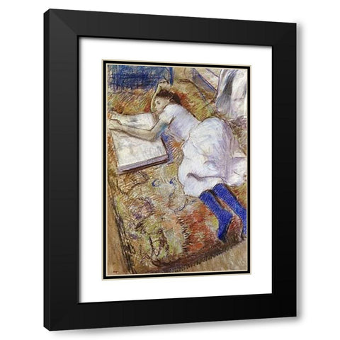 A Young Girl Stretched Out and Looking at An Album Black Modern Wood Framed Art Print with Double Matting by Degas, Edgar
