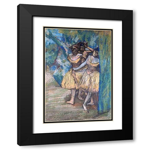 Three Dancers, With a Backdrop of Trees and Rocks Black Modern Wood Framed Art Print with Double Matting by Degas, Edgar