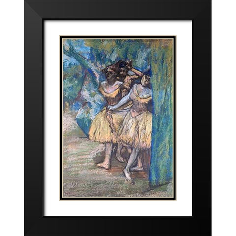Three Dancers, With a Backdrop of Trees and Rocks Black Modern Wood Framed Art Print with Double Matting by Degas, Edgar