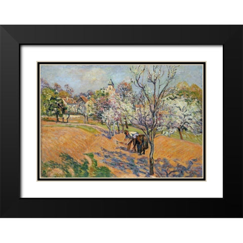 Two Peasants Sowing Haricots In An Orchard In Blossom Black Modern Wood Framed Art Print with Double Matting by Guillaumin, Armand