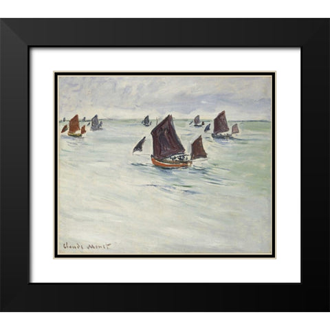 Fishing Boats off Pourville, 1882 Black Modern Wood Framed Art Print with Double Matting by Monet, Claude