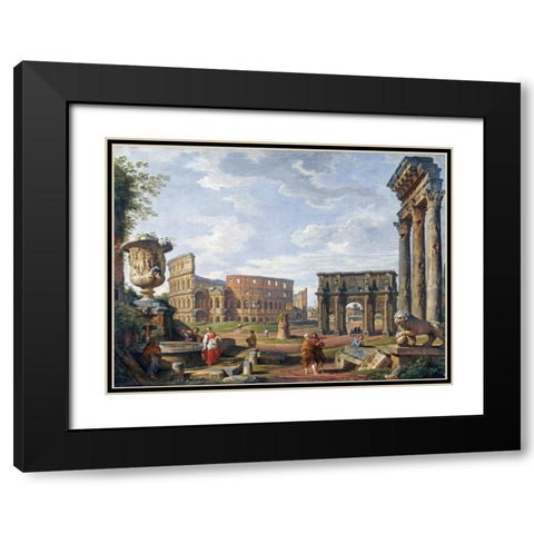A Capriccio View of Rome With The Colosseum Black Modern Wood Framed Art Print with Double Matting by Panini, Giovanni Paolo
