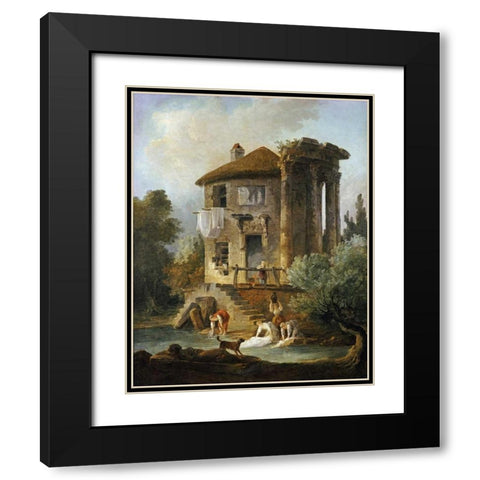 Washerwomen Outside The Temple of The Sibyl, Tivoli Black Modern Wood Framed Art Print with Double Matting by Robert, Hubert